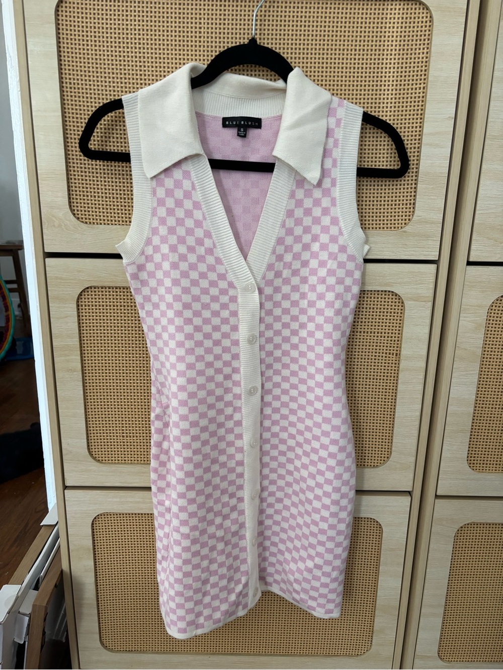 Blue Blush Pink Checkered Knit Dress